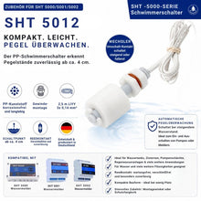 SHT 5012 Mini-Schwimmerschalter aus PP-Kunststoff mit Wechslerkontakt (SPDT), 2,5 m Anschlusskabel und Gewindemontage zur zuverlässigen Pegelüberwachung in Wassertanks, Zisternen, Pumpenschächten und Behältern.