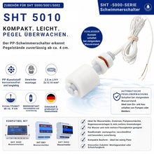 SHT 5010 Mini-Schwimmerschalter aus PP-Kunststoff mit Schließerkontakt (NO), 2,5 m Anschlusskabel und Gewindemontage zur zuverlässigen Pegelüberwachung in Wassertanks, Zisternen, Pumpenschächten und Behältern.