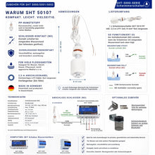 Technische Übersicht des Mini-Schwimmerschalters SHT 5010 aus PP-Kunststoff mit Schließerkontakt (NO), Abmessungen, technischen Daten, Schaltfunktion, Anschlussbeispiel, Lieferumfang und optionalem Zubehör. Geeignet zur zuverlässigen Pegelüberwachung mit den Schabus Wassermeldern SHT 5000, SHT 5001 und SHT 5002.