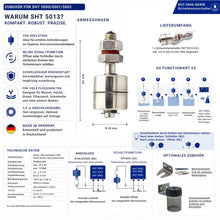 Technische Übersicht des Mini-Schwimmerschalters SHT 5013 aus V2A-Edelstahl mit Abmessungen, Lieferumfang, Funktionsweise, Anschlussbeispielen, NC-/NO-Schaltfunktion, technischen Daten und optionalem Zubehör. Schwimmerschalter zur Pegelüberwachung in Wasser, Heizöl, Diesel, Pflanzenöl und weiteren Flüssigkeiten, kompatibel mit Schabus Wassermeldern SHT 5000, SHT 5001 und SHT 5002.