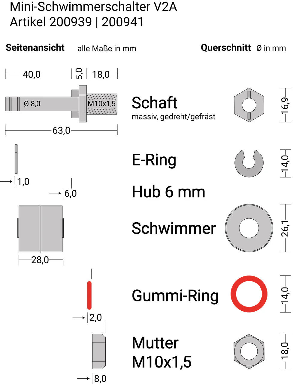 Mini float switch V2A changeover contact