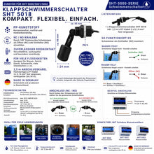 Technische Übersicht des Klappschwimmerschalters SHT 5018 aus PP-Kunststoff mit Abmessungen, technischen Daten, Anschlussbeispiel, Schaltfunktion, Lieferumfang und Funktionsdarstellung. Der Schwimmer kann durch 180°-Drehung als Öffner (NC) oder Schließer (NO) verwendet werden und eignet sich zur zuverlässigen Pegelüberwachung mit den Schabus Wassermeldern SHT 5000, SHT 5001 und SHT 5002.