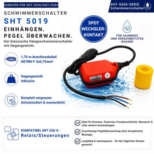 SHT 5019 Hängeschwimmerschalter mit SPDT-Wechslerkontakt zur zuverlässigen Pegelüberwachung in Brunnen, Zisternen, Pumpenschächten und Behältern. Der komplett vergossene Schwimmerschalter mit Gegengewicht eignet sich für sauberes und verschmutztes Wasser und lässt sich einfach einhängen und anschließen.