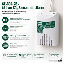 GX-CO2-25 CO₂-Sensor mit akustischem Alarm, LED-Statusanzeige, 2.500-ppm-Alarmgrenze und Test-Taste