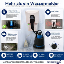 SHT 217 Pumpensteuerung mit automatischer Pumpenaktivierung, 90 dB Alarm, 2,8 m Sensorleitung und einstellbarer Nachlaufzeit zum Schutz vor Wasserschäden.