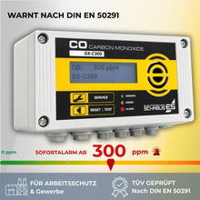 CO Melder Gewerbe mit Alarm nach DIN 50291 0 ppm , CO Alarm Gewerbe Sicherheitsmelder