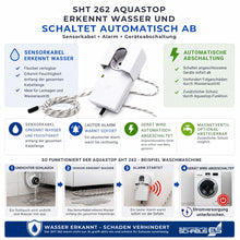 SHT 262 Aquastop erkennt Wasser über Sensorkabel, löst Alarm aus und schaltet angeschlossene Geräte automatisch ab