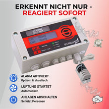 CO und CH4 Melder erkennt nicht nur - reagiert sofort mit akustischem und optischen Alarm, Anlage wird abgeschaltet