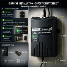 Einfache Wandmontage des GX-CO2-30 CO₂-Sensors mit Lieferumfang, Abmessungen und Anschlussmöglichkeiten für Schabus Warnsysteme