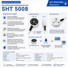 Technische Übersicht des SHT 5008 Bodensensors mit Abmessungen, Lieferumfang, Funktionsprinzip und technischen Daten für die Bodenmontage auf harten Untergründen.