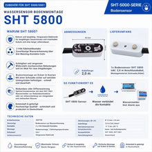 Technische Übersicht des Wassersensors SHT 5800 mit Abmessungen, Lieferumfang, Funktionsprinzip, technischen Daten und Vorteilen für die Wassererkennung an Ecken und Kanten. Made in Germany.