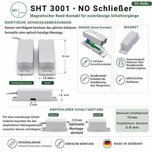 Abmessungen des SHT 3001 Reedkontakts mit identischen Gehäusen für Sensor und Magnet sowie empfohlenem Schaltabstand