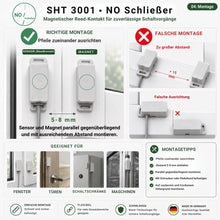Montageanleitung für den SHT 3001 Reedkontakt mit richtiger Ausrichtung von Sensor und Magnet sowie Beispielen für fehlerhafte Montage