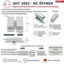 Abmessungen des SHT 3002 Reedkontakts mit identischen Gehäusen für Sensor und Magnet sowie empfohlenem Montage- und Schaltabstand