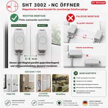 Montageanleitung für den SHT 3002 Reedkontakt mit korrekter Ausrichtung von Sensor und Magnet sowie Beispielen für fehlerhafte Montage