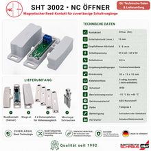 Technische Daten und Lieferumfang des SHT 3002 Reedkontakts Öffner (NC) mit Sensor, Magnet, Distanzplatten und Montageschrauben