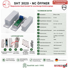 Technische Daten und Lieferumfang des Schabus SHT 3020 Reedkontakts Öffner (NC) IP44 mit 8 m Anschlusskabel, Magnet, Distanzplatten und Montageschrauben.