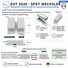 Abmessungen des SHT 3030 Reedkontakts IP44 mit identischen Gehäusen für Sensor und Magnet sowie empfohlenem Montage- und Schaltabstand