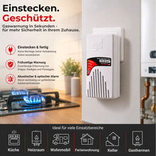 GX-B1pro Gaswarner in der Steckdose einer modernen Küche zur frühzeitigen Warnung vor Erdgas- und Flüssiggasleckagen