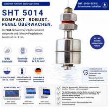 SHT 5014 Mini-Schwimmerschalter aus korrosionsbeständigem V4A-Edelstahl zur automatischen Pegelüberwachung in Tanks, Behältern und Anlagen. Der Schwimmerschalter erkennt steigende oder fallende Flüssigkeitsstände ab ca. 4 cm und ist mit den Schabus Wassermeldern SHT 5000, SHT 5001 und SHT 5002 kompatibel.
