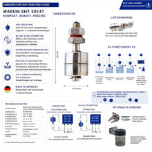 Technische Übersicht des Mini-Schwimmerschalters SHT 5014 aus V4A-Edelstahl mit Abmessungen, Lieferumfang, Funktionsweise, Anschlussbeispielen, NC-/NO-Schaltfunktion, technischen Daten und optionalem Zubehör. Ideal für Poolwasser, Salzwasser, chlorhaltige Medien sowie industrielle Anwendungen mit hohen Anforderungen an die Korrosionsbeständigkeit.