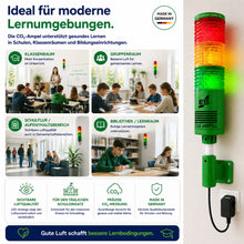 CO₂-Ampel School in verschiedenen Lernumgebungen wie Klassenraum, Gruppenraum, Schulflur und Bibliothek für bessere Luftqualität und Konzentration.