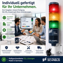 Customized CO₂-Ampel mit Firmenlogo, Wunschfarben und individuellen Alarmwerten als maßgeschneiderte Luftqualitätslösung für Unternehmen.