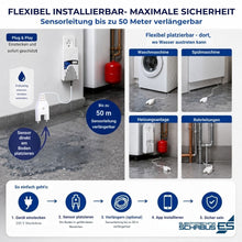 Smart Wassermelder mit verlängerbarer Sensorleitung bis 50 Meter für Waschmaschine, Heizungsanlage und Rohrleitungen