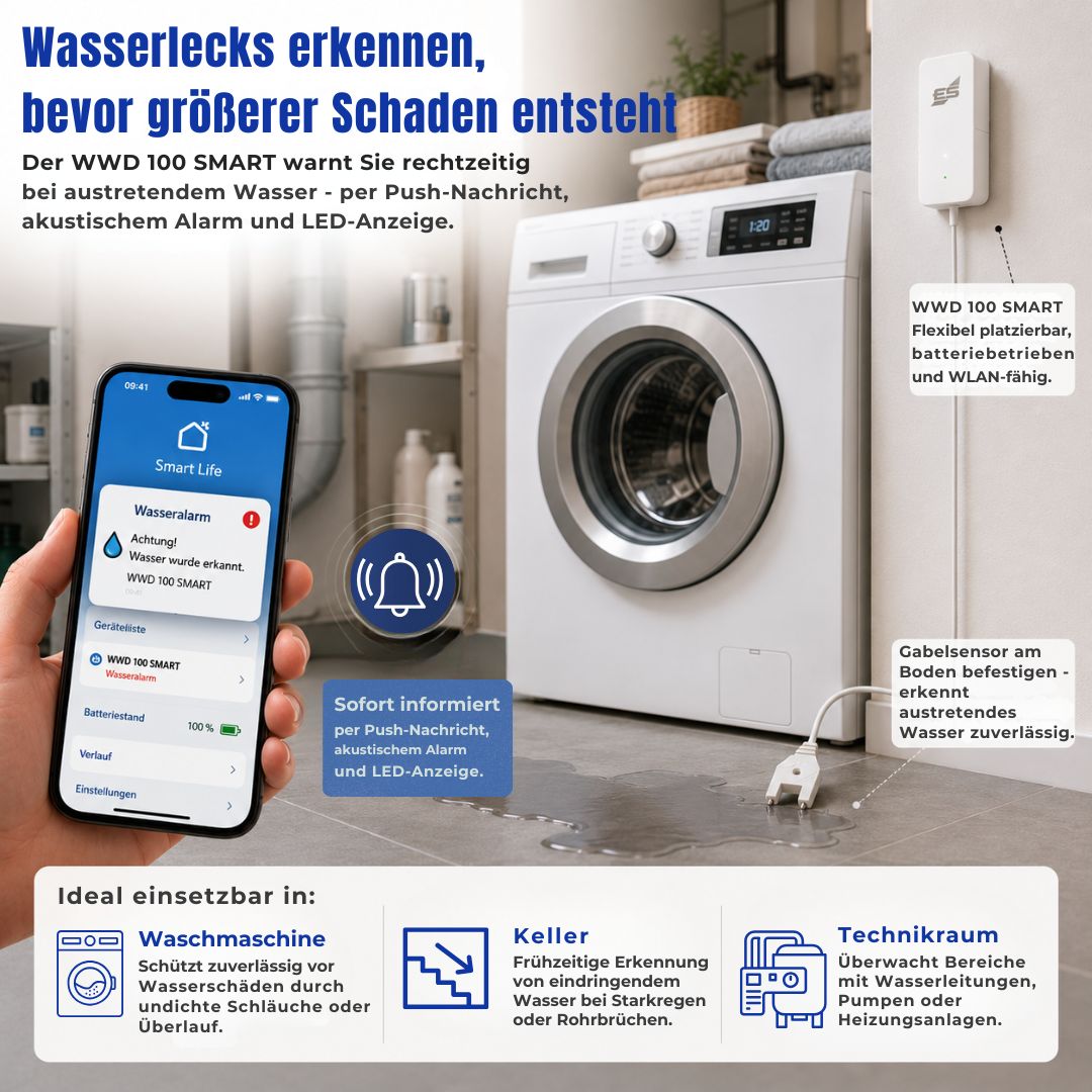 WWD 100 SMART WLAN-Wassermelder zur Wassererkennung bei Waschmaschine, Keller und Technikraum mit Push-Benachrichtigung