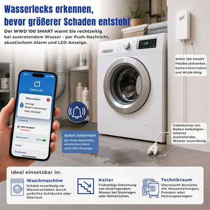 WWD 100 SMART WLAN-Wassermelder zur Wassererkennung bei Waschmaschine, Keller und Technikraum mit Push-Benachrichtigung