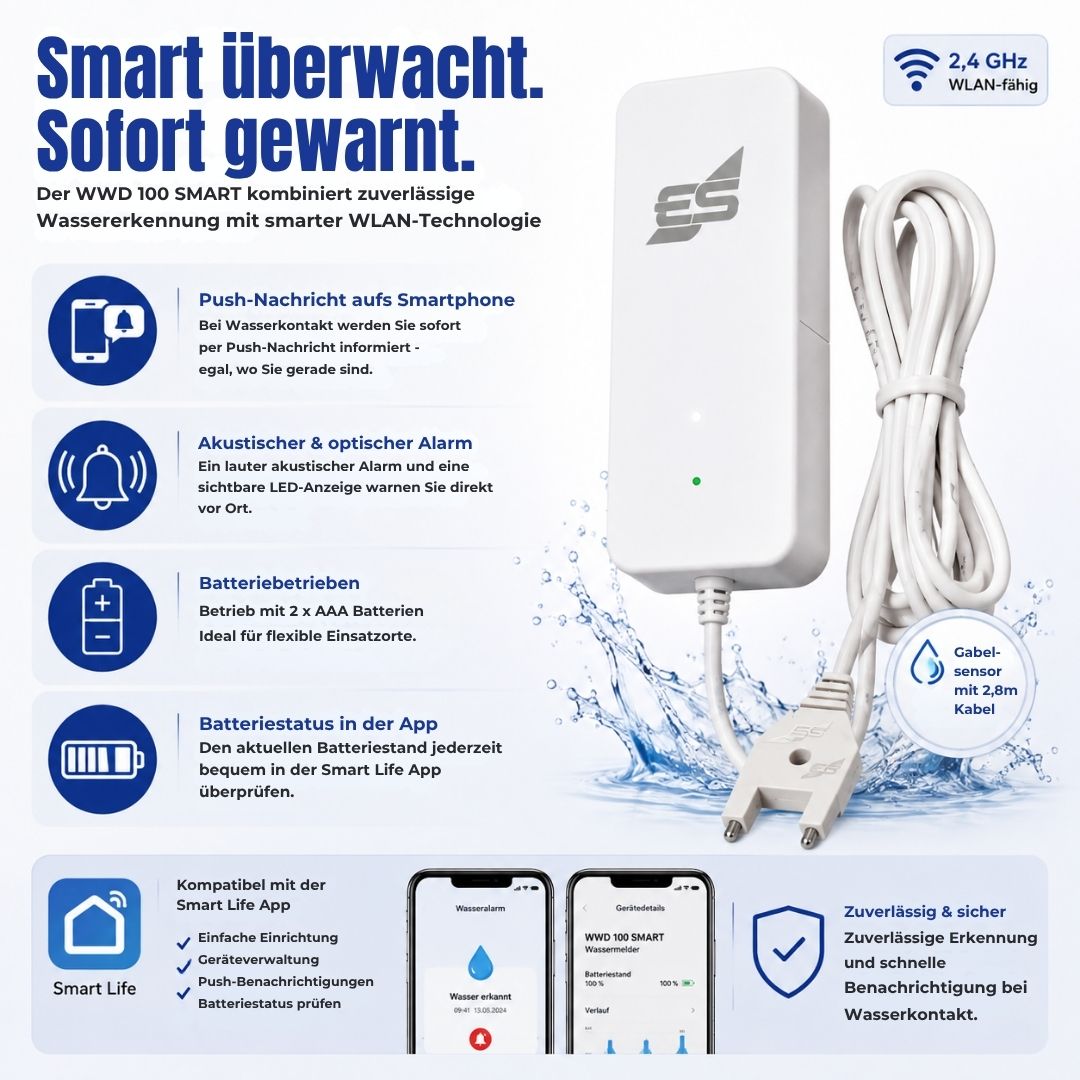 WWD 100 SMART Wassermelder mit Push-Nachricht, akustischem und optischem Alarm, Batteriebetrieb und Smart Life App