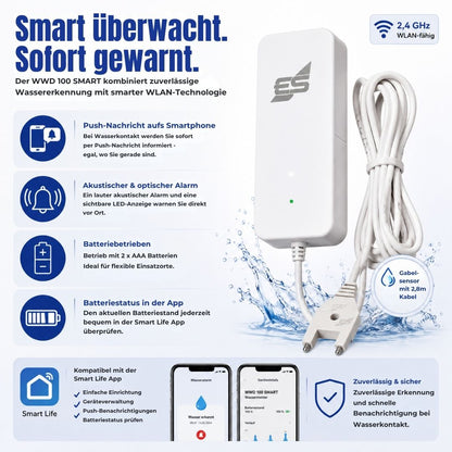 WWD 100 SMART Wassermelder mit Push-Nachricht, akustischem und optischem Alarm, Batteriebetrieb und Smart Life App