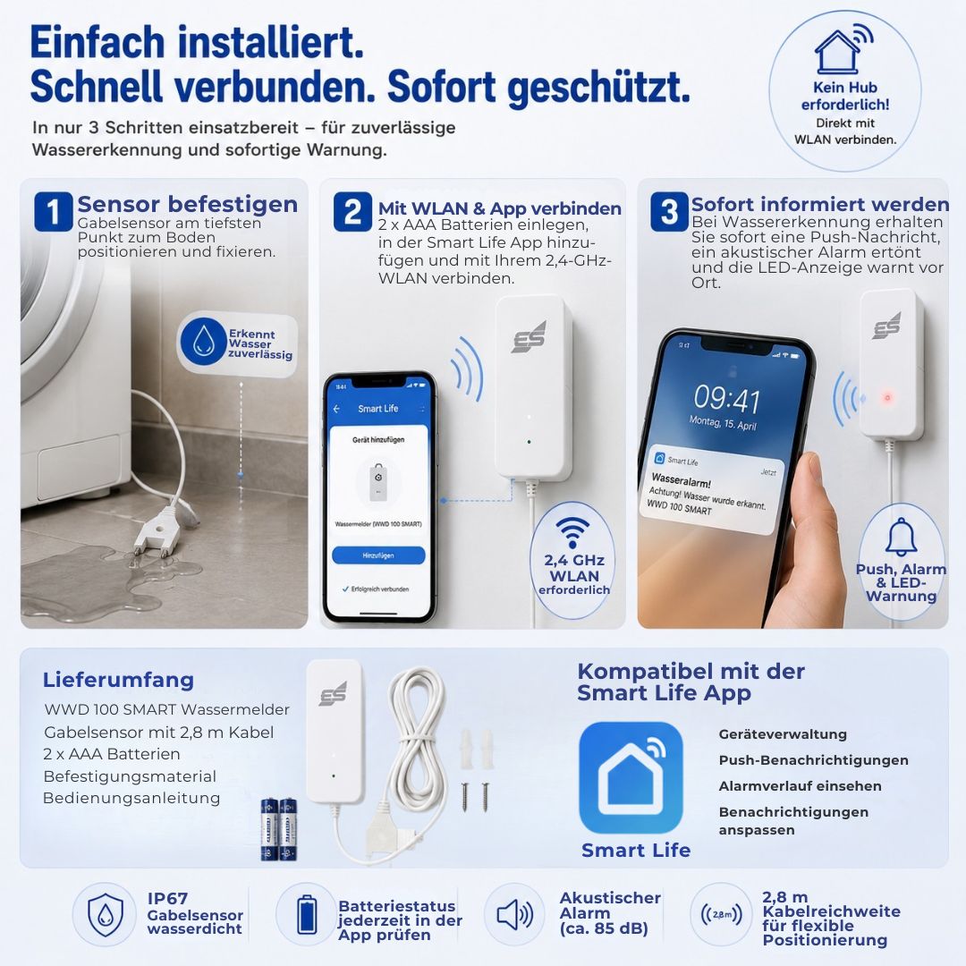 WWD 100 SMART Wassermelder mit Gabelsensor zur Bodenmontage, 2,4-GHz-WLAN und Verbindung mit der Smart Life App