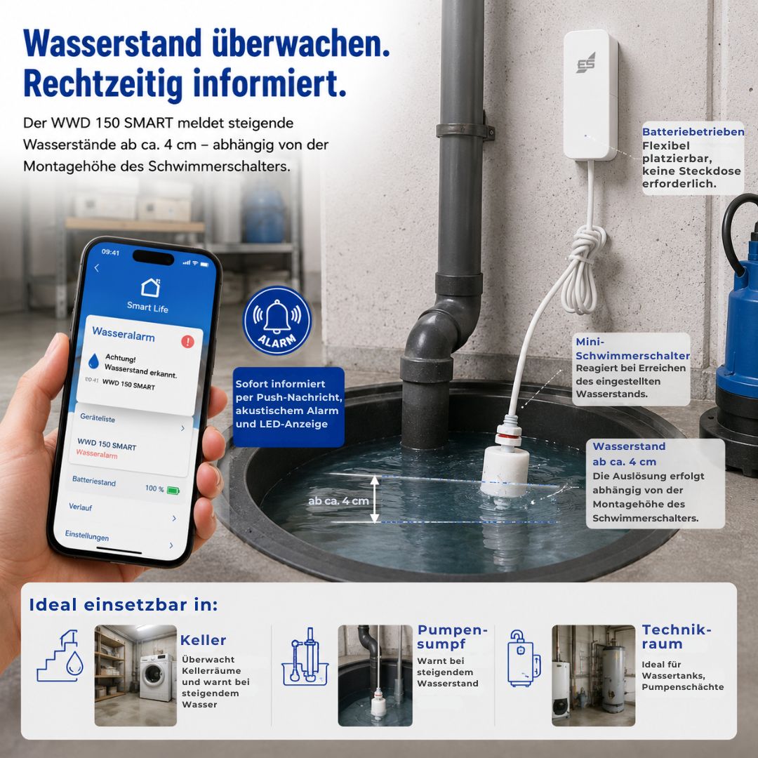 WWD 150 SMART Wassermelder zur Überwachung steigender Wasserstände in Keller, Pumpensumpf und Technikraum