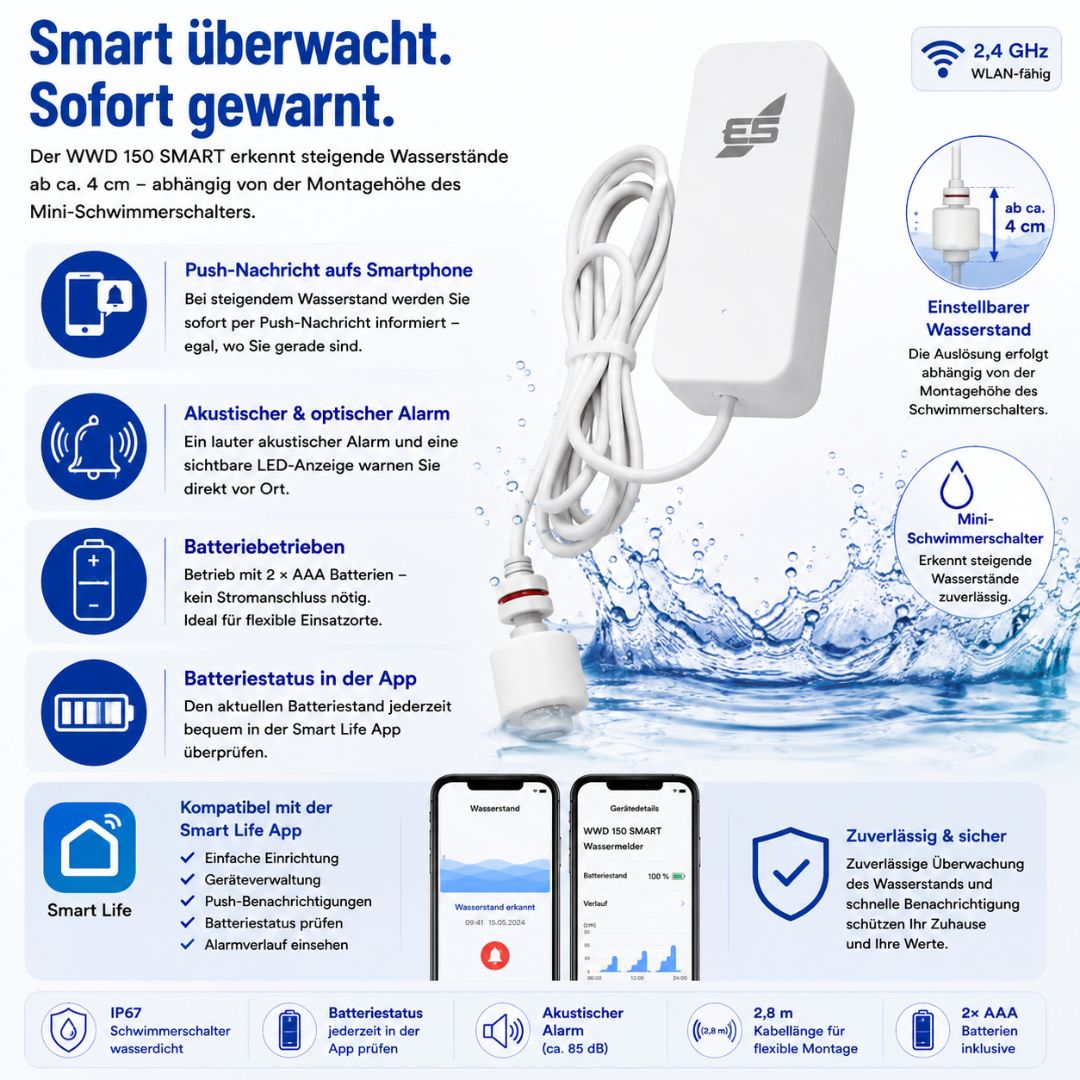 WWD 150 SMART Wassermelder mit Mini-Schwimmerschalter, Push-Nachricht, Alarm, Batteriebetrieb und Smart Life App