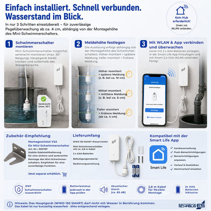WWD 150 SMART Wassermelder mit Mini-Schwimmerschalter, Push-Nachricht, Alarm, Batteriebetrieb und Smart Life App