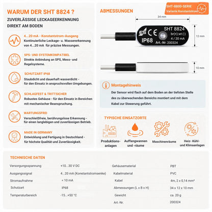 Technische Daten und Abmessungen des aktiven Wassersensors SHT 8824 mit 4–20 mA Konstantstrom-Ausgang