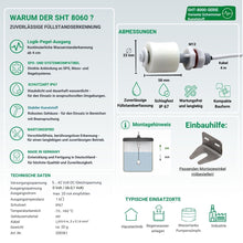 Technische Daten und Abmessungen des aktiven Schwimmerschalters SHT 8060 aus Kunststoff mit Logik-Pegel-Ausgang