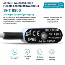 SHT 8800 Wassersensor zur Bodenmontage im Serverraum. Der Sensor erkennt austretendes Wasser zuverlässig und eignet sich zur Leckageüberwachung in Technikräumen, Heizungsanlagen und Klimaanlagen.