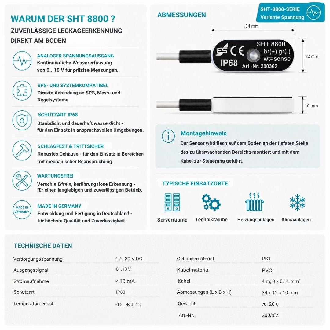 SHT 8800 aktiver Wassersensor zur Bodenüberwachung mit analogem Spannungsausgang 0–10 V für die Leckageerkennung in Serverräumen, Technikräumen und industriellen Anlagen.
