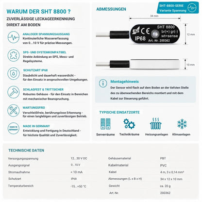 SHT 8800 aktiver Wassersensor zur Bodenüberwachung mit analogem Spannungsausgang 0–10 V für die Leckageerkennung in Serverräumen, Technikräumen und industriellen Anlagen.