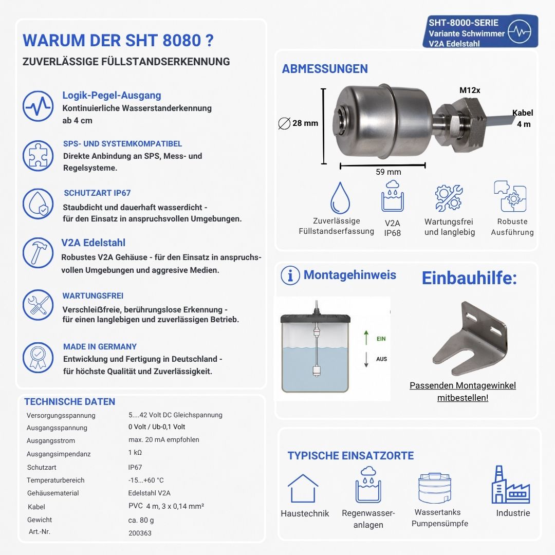 Technische Daten und Abmessungen des aktiven Schwimmerschalters SHT 8080 aus V2A Edelstahl mit Logik-Pegel-Ausgang