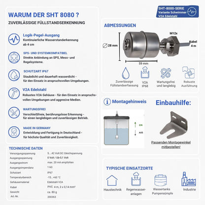 Technische Daten und Abmessungen des aktiven Schwimmerschalters SHT 8080 aus V2A Edelstahl mit Logik-Pegel-Ausgang