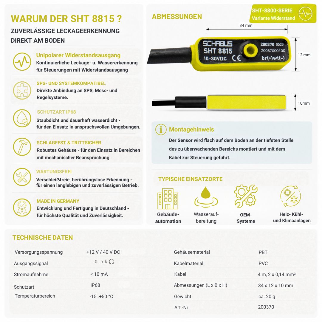 Technische Daten und Abmessungen des aktiven Wassersensors SHT 8815 mit Widerstandsausgang