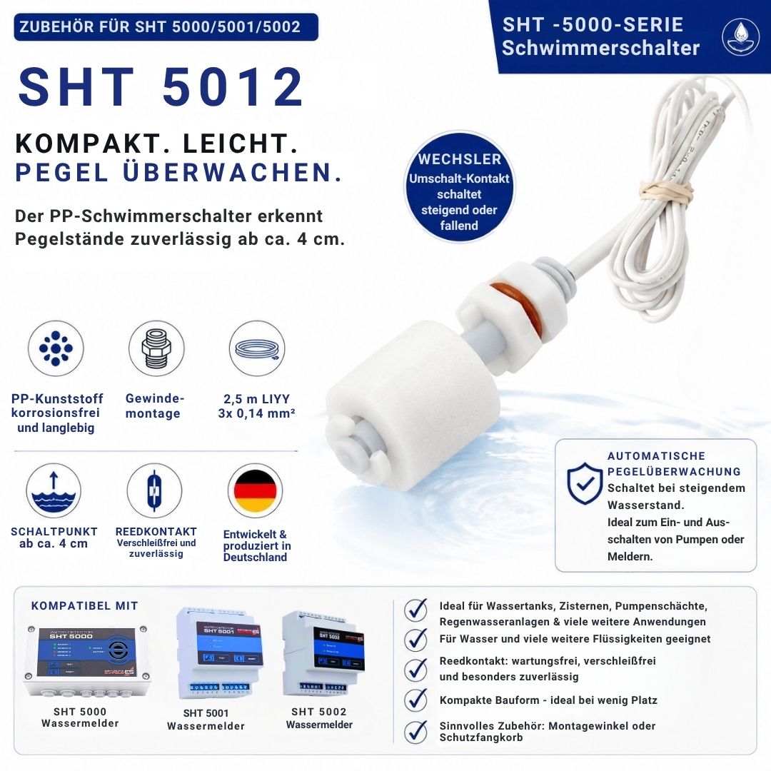 SHT 5012 Mini-Schwimmerschalter aus PP-Kunststoff mit Wechslerkontakt (SPDT), 2,5 m Anschlusskabel und Gewindemontage zur zuverlässigen Pegelüberwachung in Wassertanks, Zisternen, Pumpenschächten und Behältern.