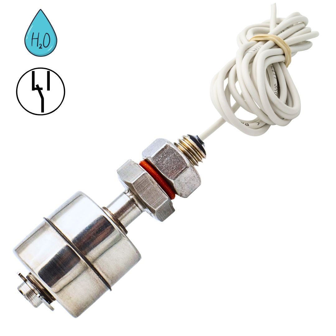 SHT 5015 Mini-Schwimmerschalter aus V2A-Edelstahl mit Wechslerkontakt (SPDT), 2,5 m Anschlusskabel und Gewindemontage zur zuverlässigen Pegelüberwachung in Tanks, Behältern und Maschinen.