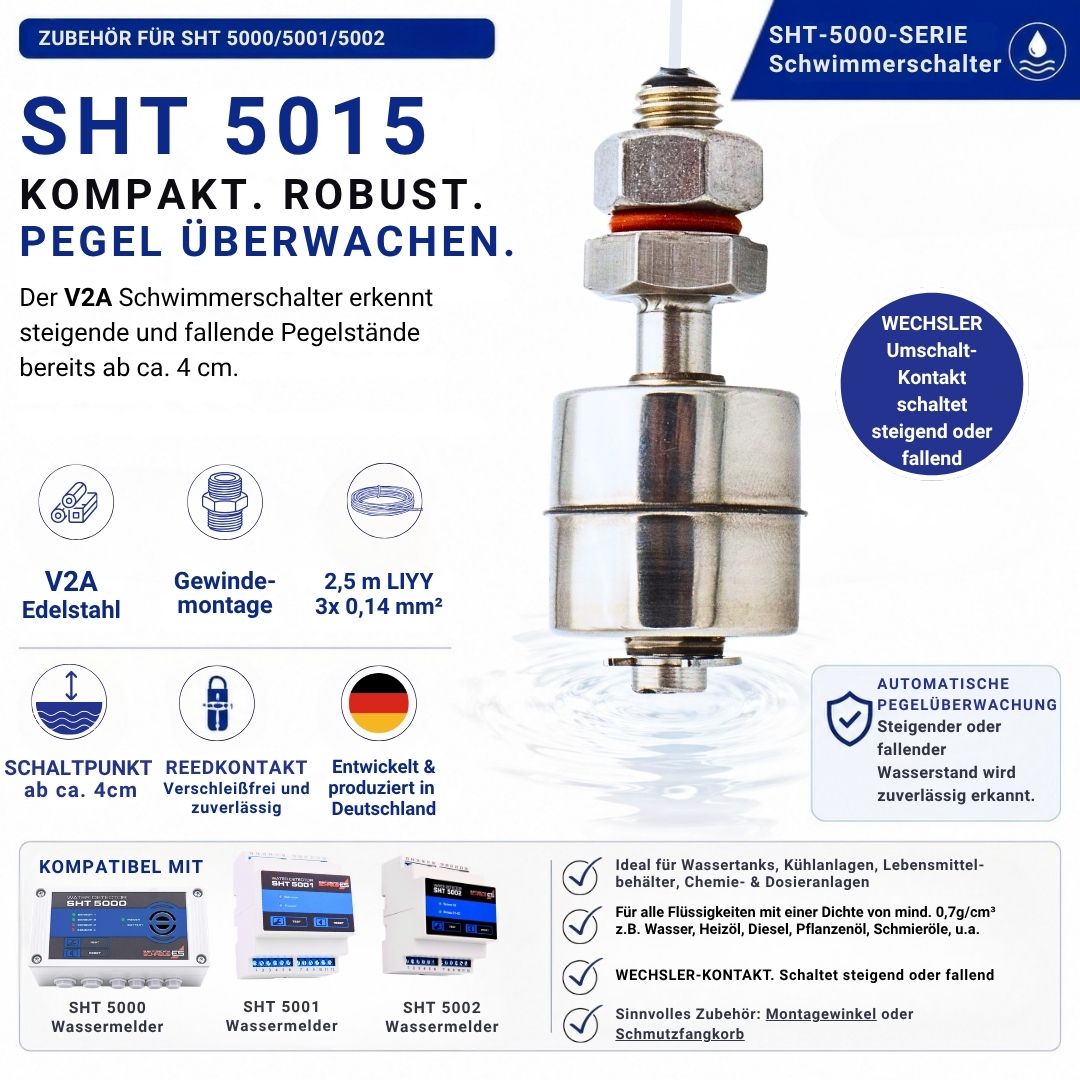 SHT 5015 Mini-Schwimmerschalter aus V2A-Edelstahl mit Wechslerkontakt (SPDT) zur automatischen Pegelüberwachung. Der Schwimmerschalter erkennt steigende oder fallende Flüssigkeitsstände bereits ab ca. 4 cm und eignet sich für Wassertanks, Heizungsanlagen, Lebensmittelbehälter, Maschinen sowie Chemie- und Dosieranlagen. Kompatibel mit Schabus Wassermeldern SHT 5000, SHT 5001 und SHT 5002.