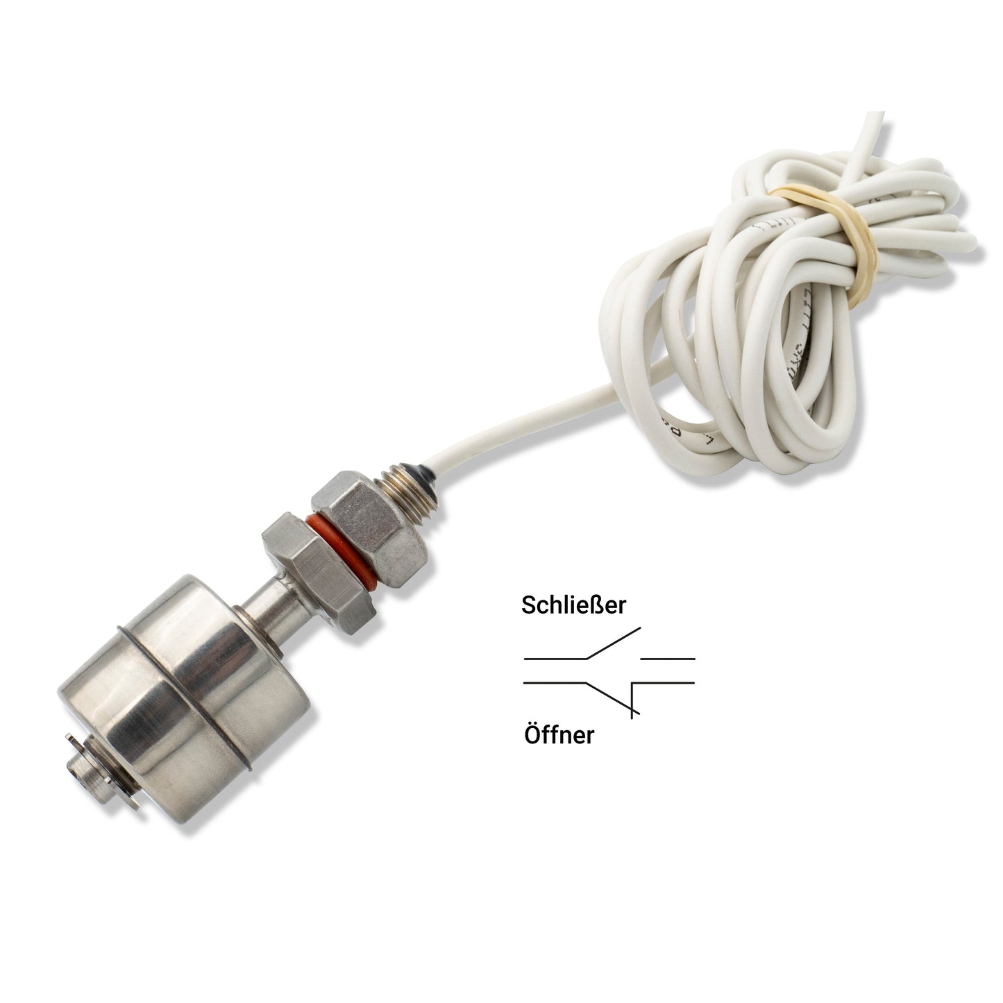 Minischwimmerschalter Typ V2A, Schließer-Funktion, kompakte Bauform, geeignet für den Einsatz in Wasserbehältern und Pumpenanlagen, Elektrotechnik Schabus Produktaufnahme auf weißem Hintergrund.