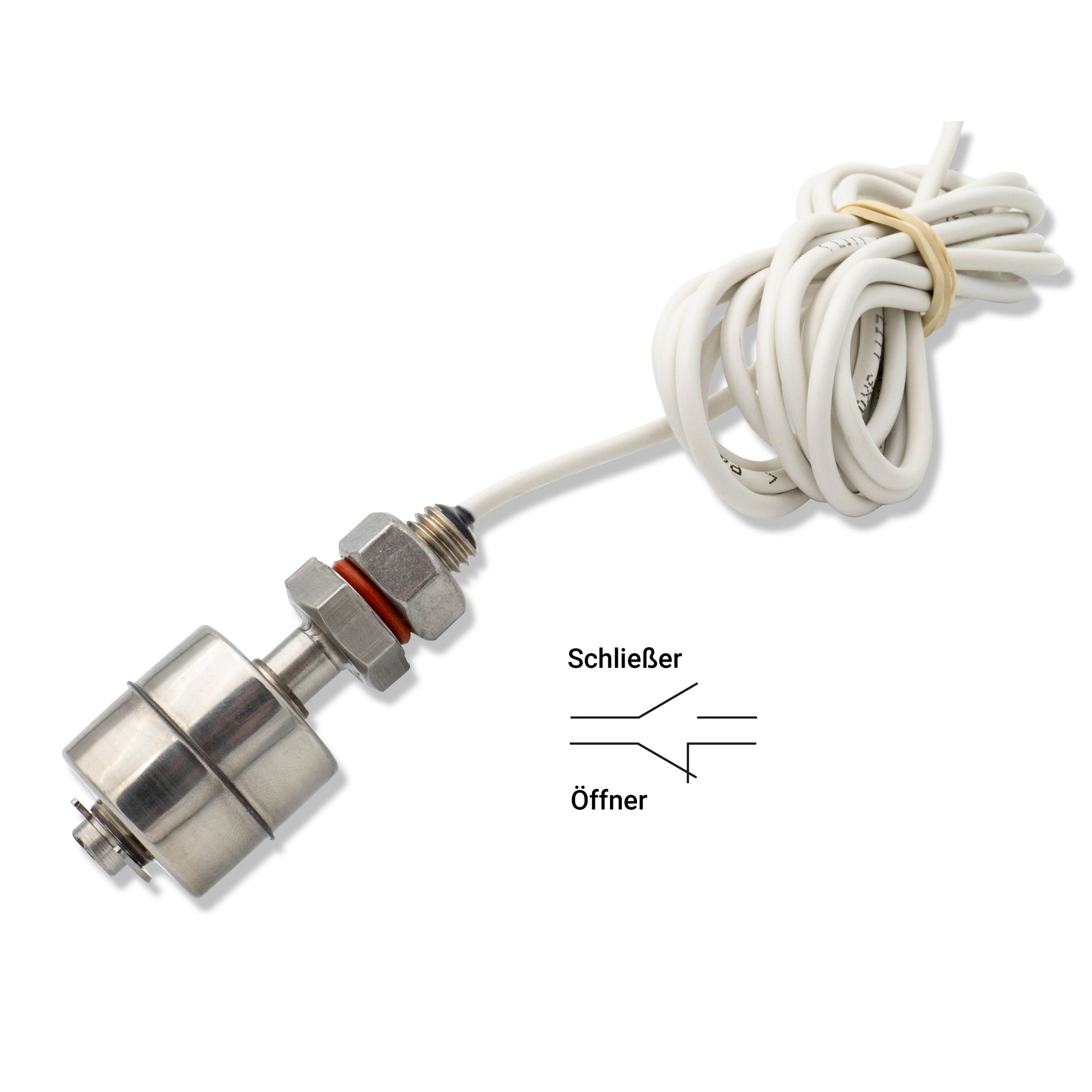 Minischwimmerschalter Typ V2A, Schließer-Funktion, kompakte Bauform, geeignet für den Einsatz in Wasserbehältern und Pumpenanlagen, Elektrotechnik Schabus Produktaufnahme auf weißem Hintergrund.