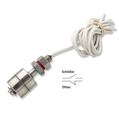 Minischwimmerschalter Typ V2A, Schließer-Funktion, kompakte Bauform, geeignet für den Einsatz in Wasserbehältern und Pumpenanlagen, Elektrotechnik Schabus Produktaufnahme auf weißem Hintergrund.